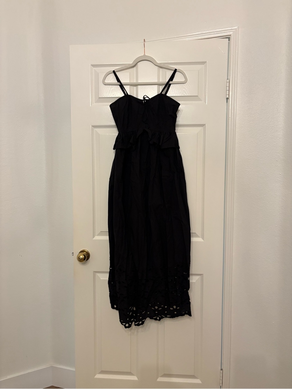 Caroline Constas Black Spaghetti-Strap Midi Dress with Eyelet Hem